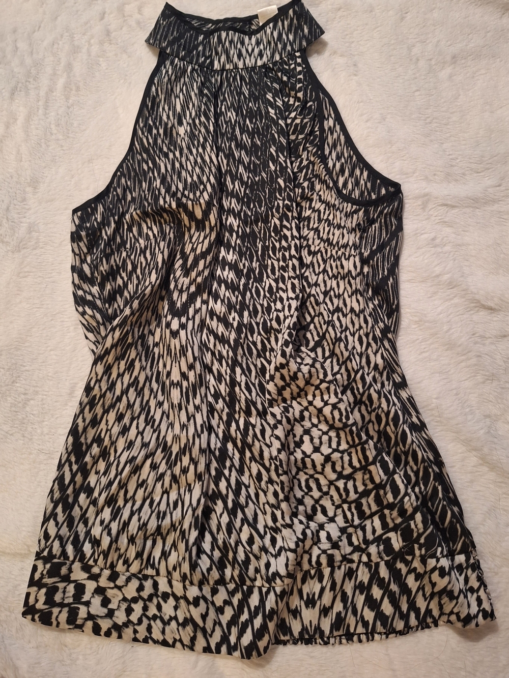 Cache Black and Cream Sleeveless Halter-Neck Printed Blouse